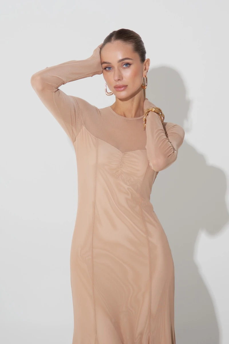 Beige maxi dress with transparent insert