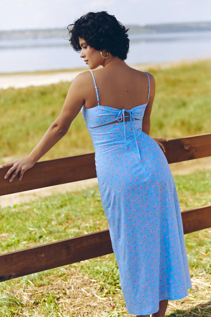 Midi dress with thin straps with a tie on the back staple print watercolor tulips on blue 