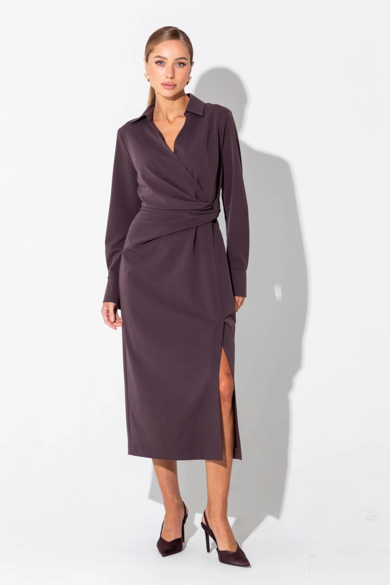 Chocolate shirt dress with asymmetry