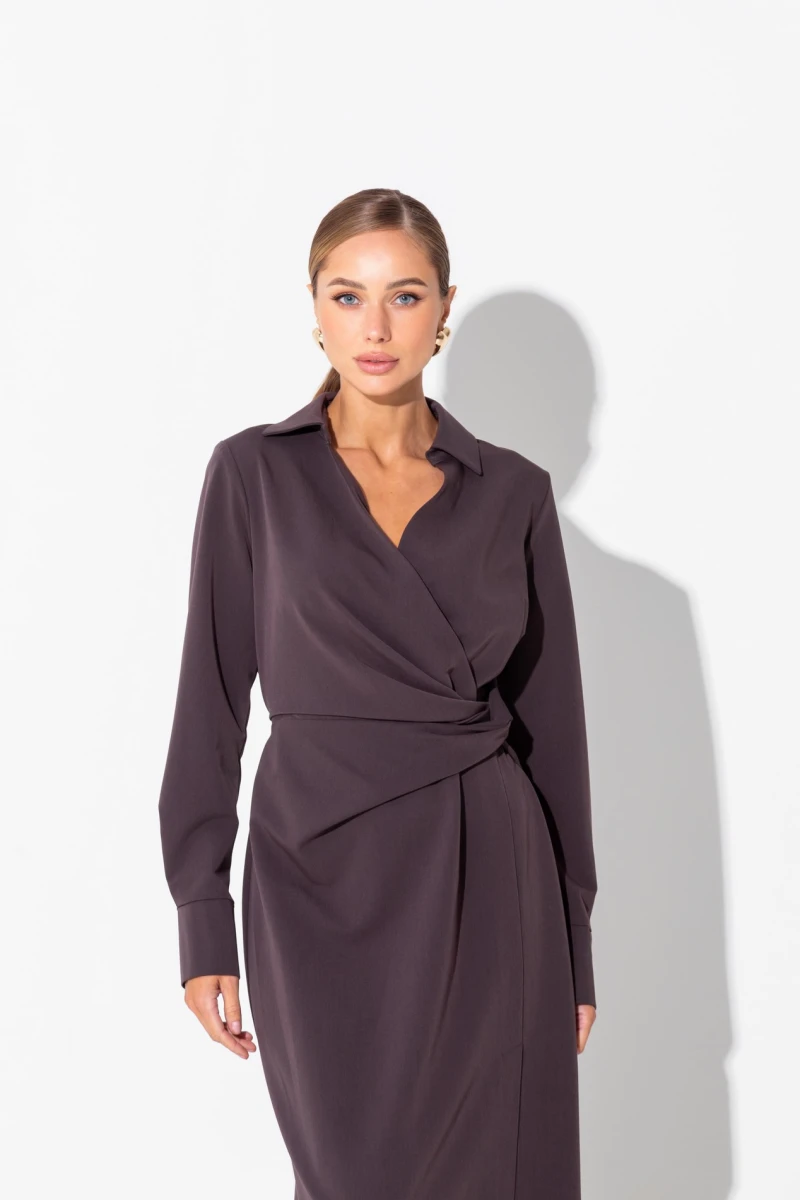 Chocolate shirt dress with asymmetry
