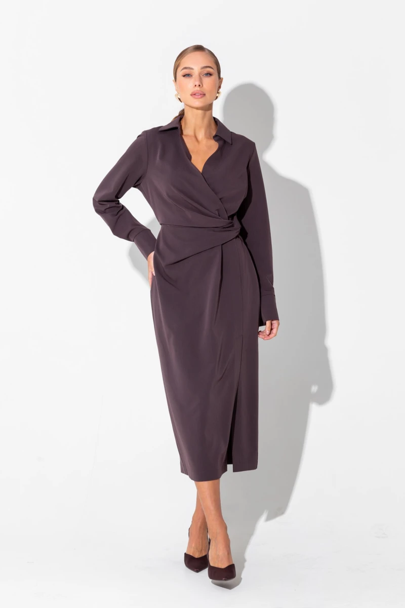 Chocolate shirt dress with asymmetry