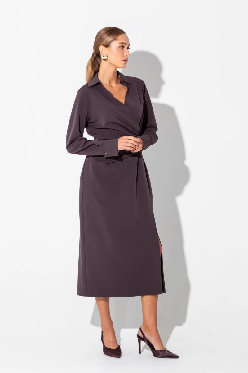 Chocolate shirt dress with asymmetry