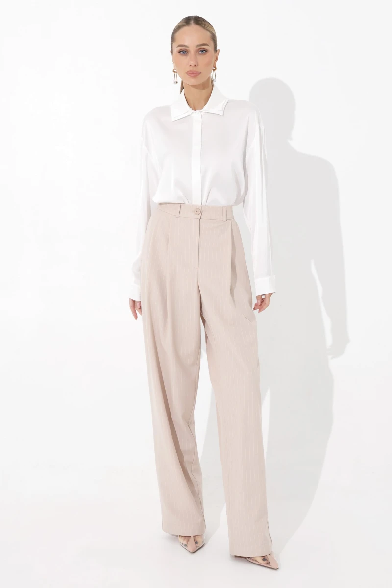 Beige striped pleated trousers