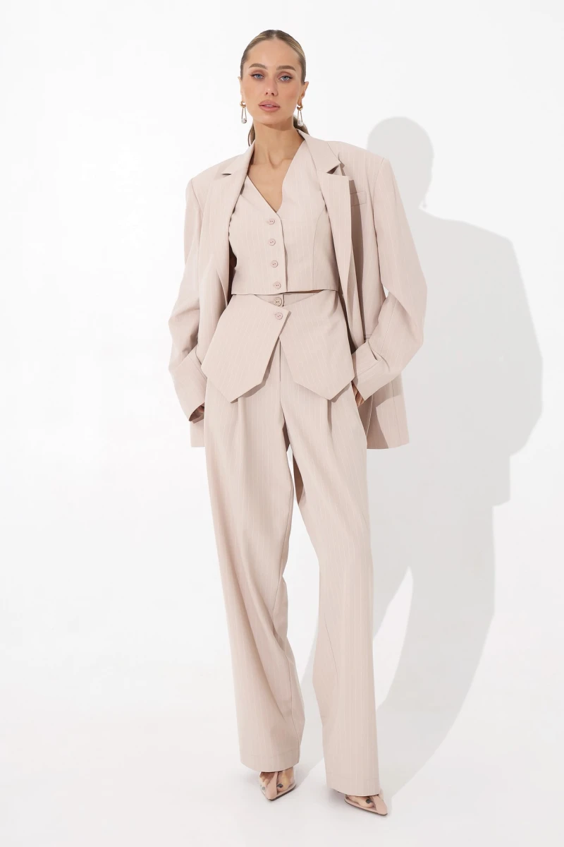 Beige striped pleated trousers