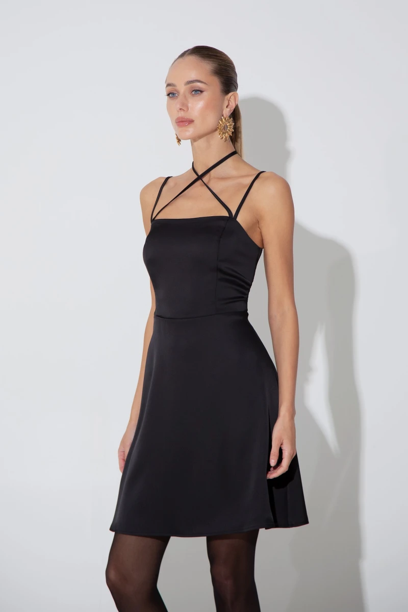 Black satin mini dress