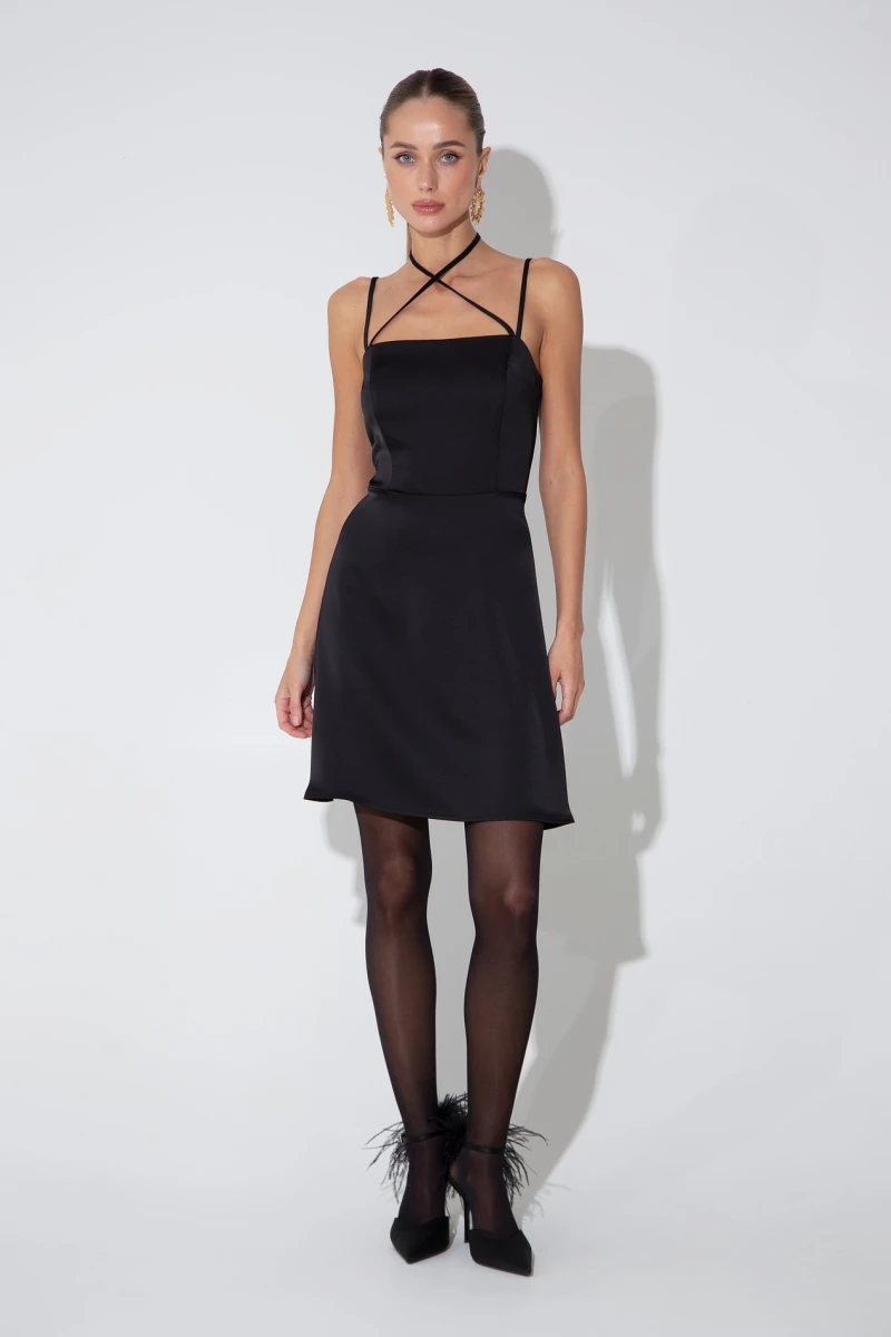 Black satin mini dress
