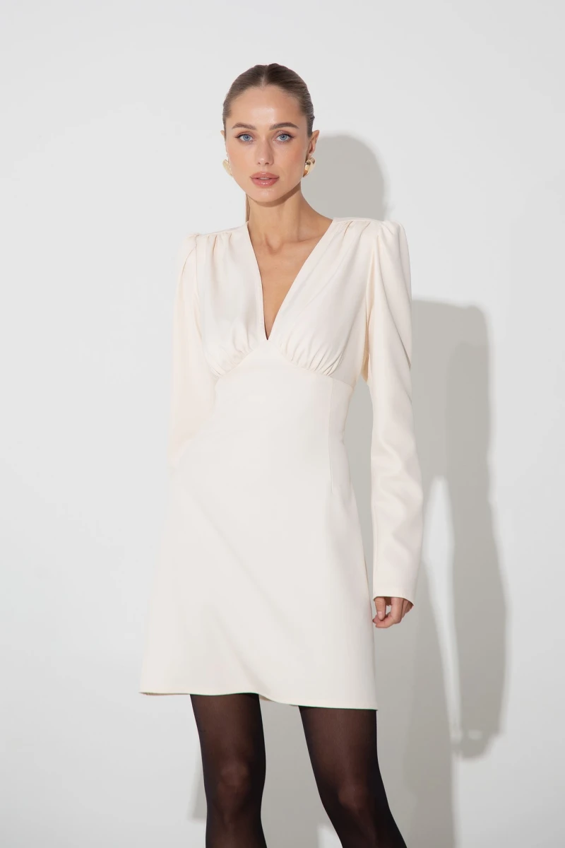 Creamy mini dress with V-neck