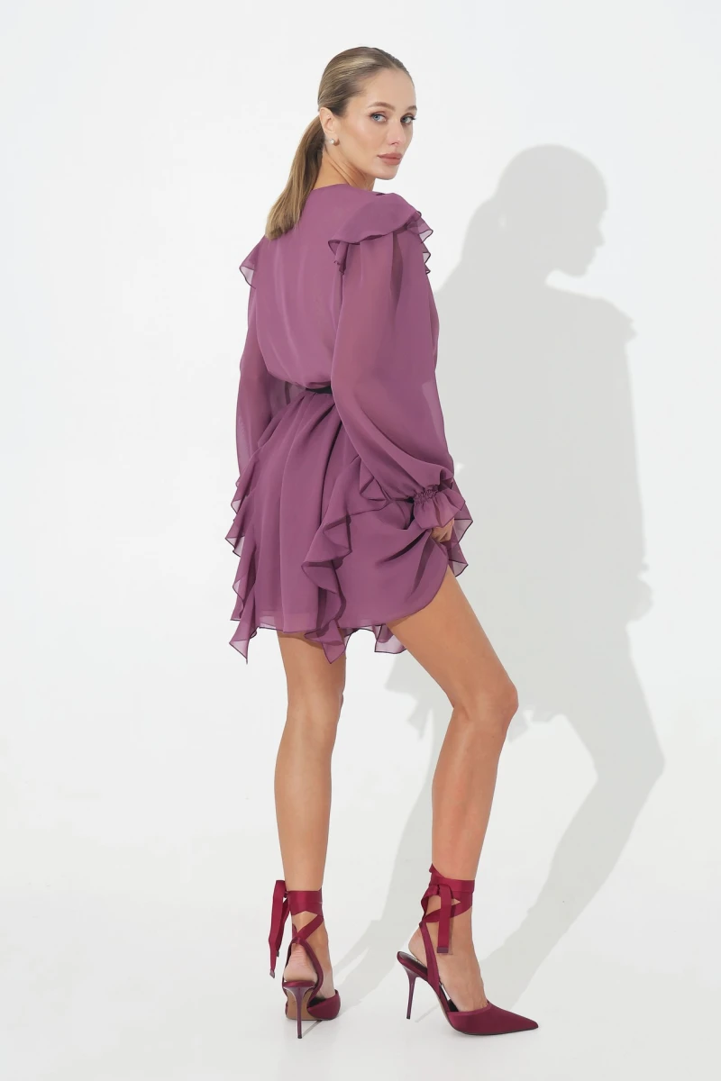 Plum mini dress with ruffles