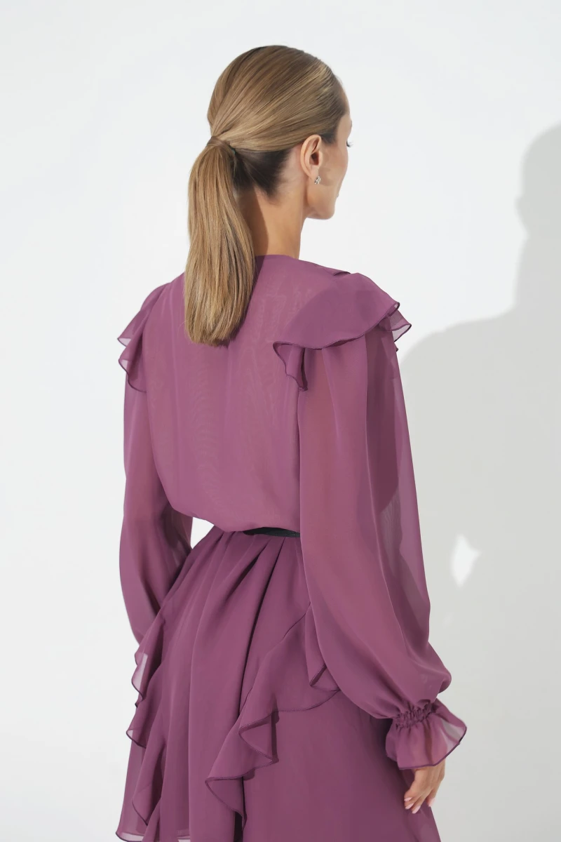 Plum mini dress with ruffles