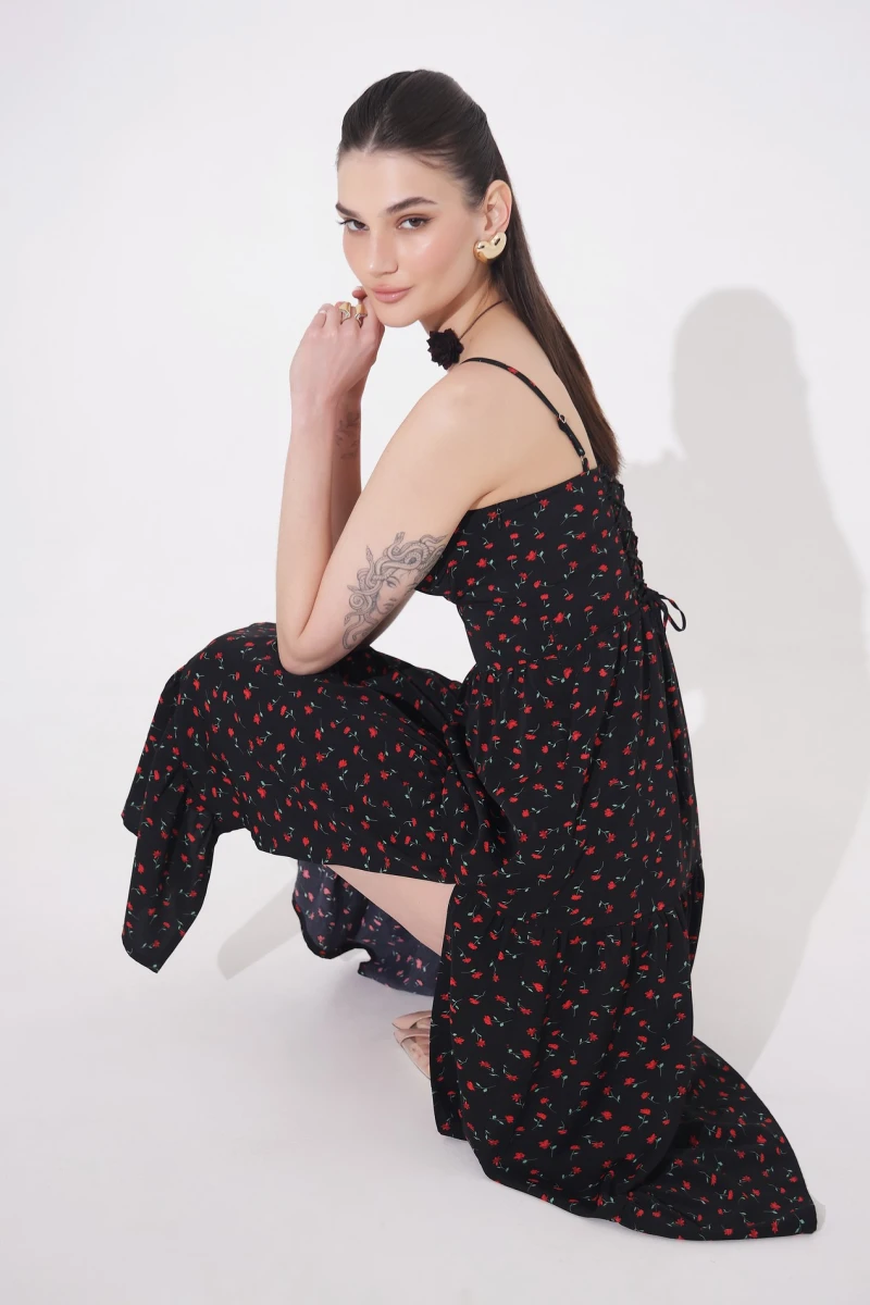 Midi dress with red flowers print on black
