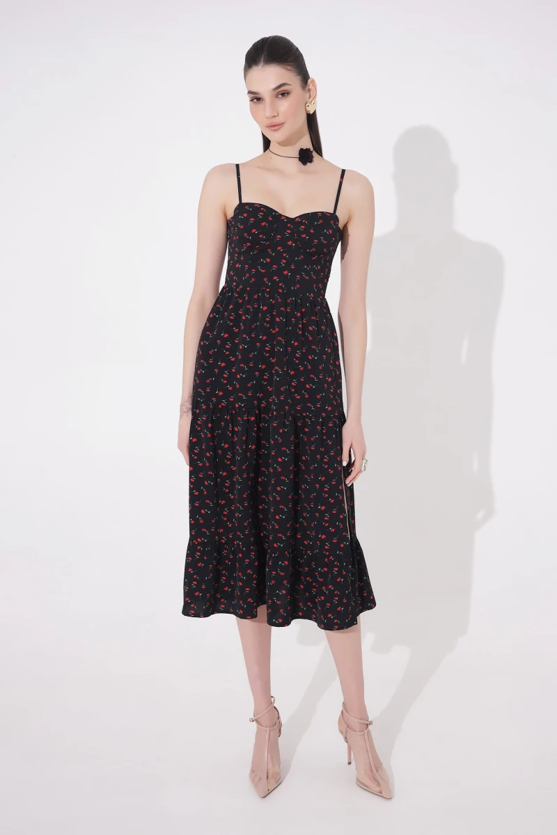 Midi dress with red flowers print on black