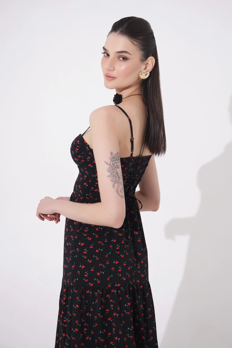 Midi dress with red flowers print on black