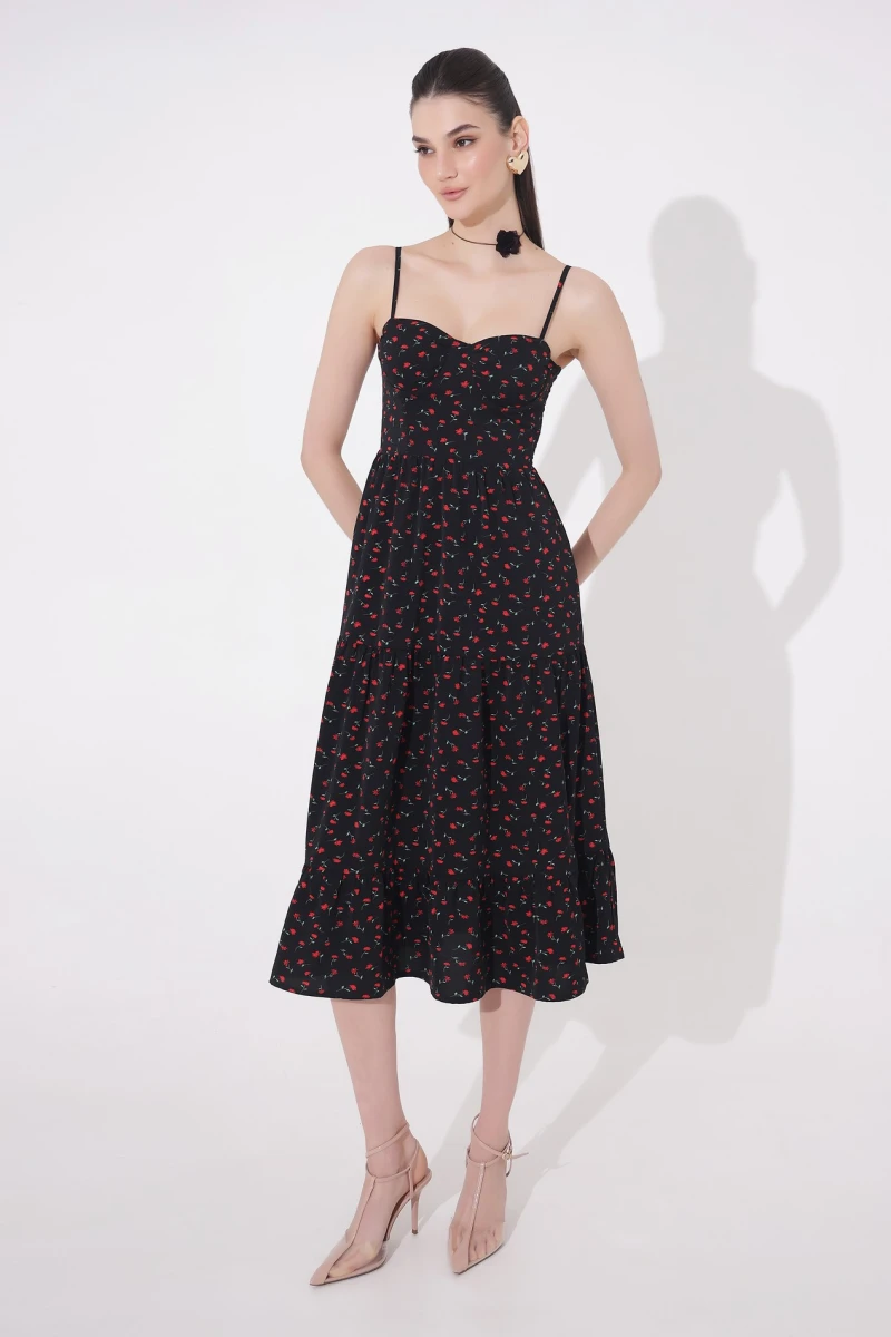 Midi dress with red flowers print on black