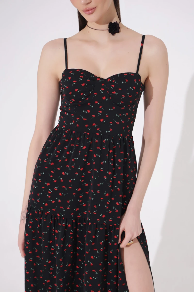 Midi dress with red flowers print on black