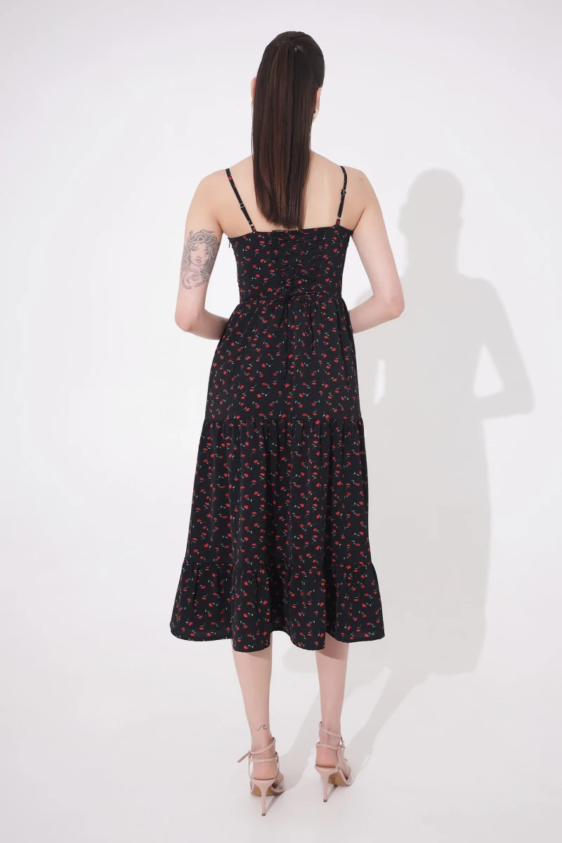 Midi dress with red flowers print on black