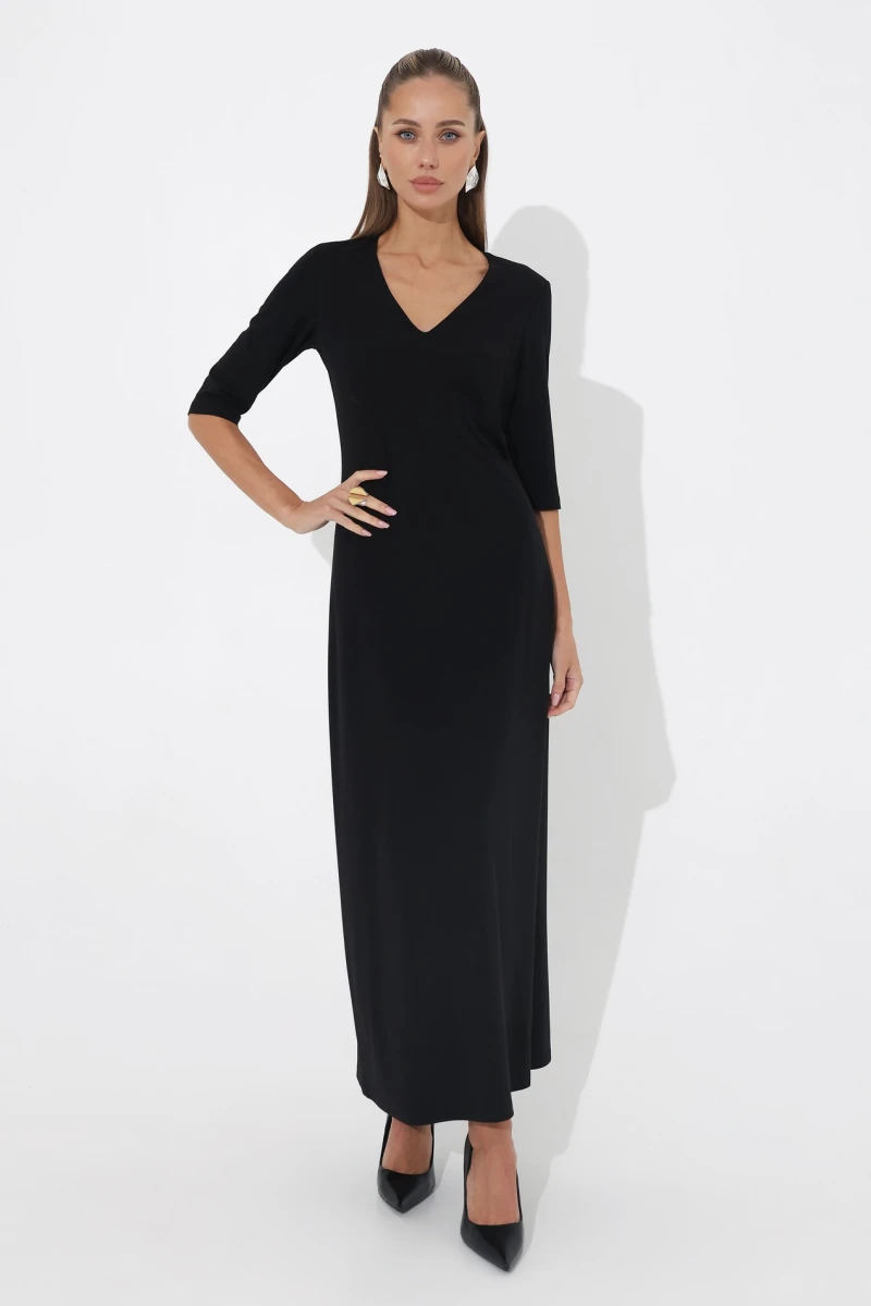 Black midi dress with V-neckline