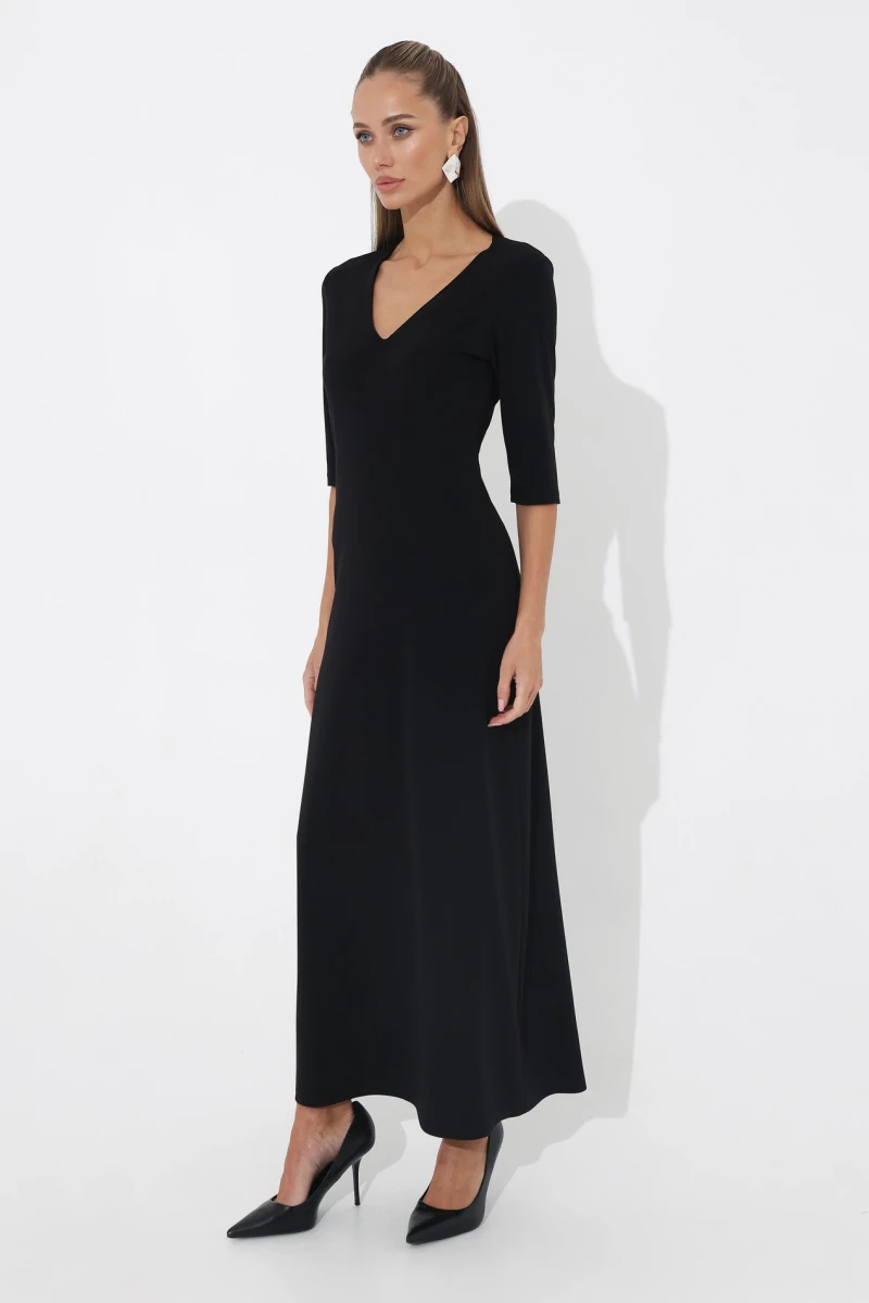 Black midi dress with V-neckline