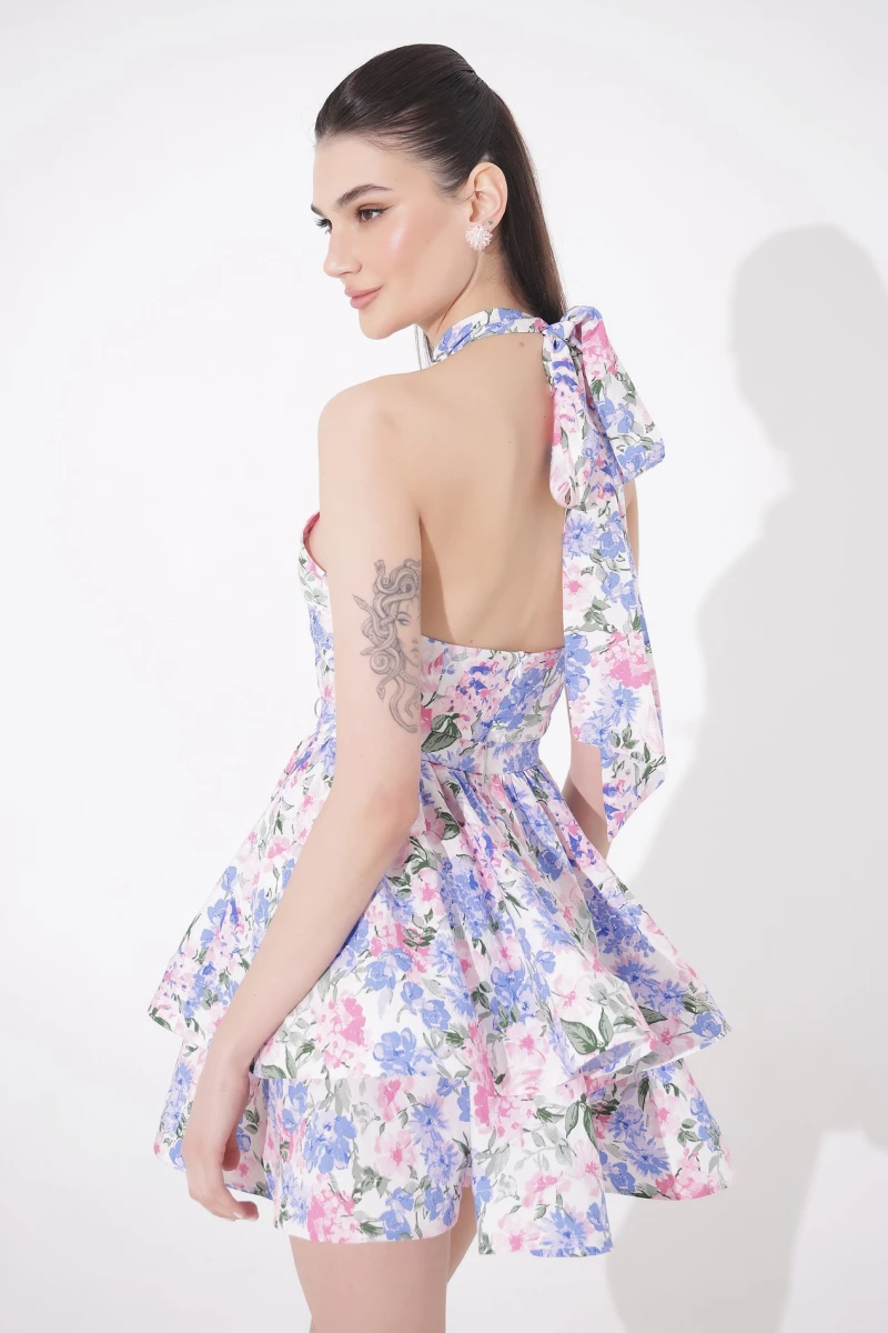 Mini dress with pink flowers print on milk background