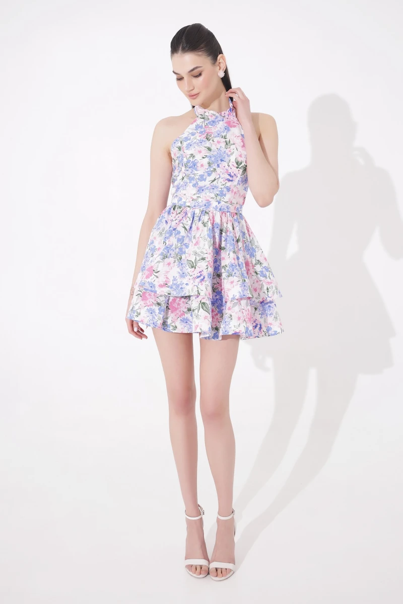 Mini dress with pink flowers print on milk background