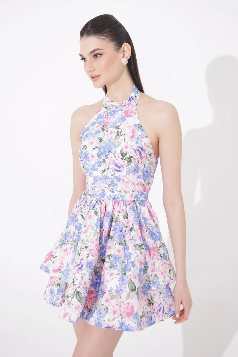 Mini dress with pink flowers print on milk background