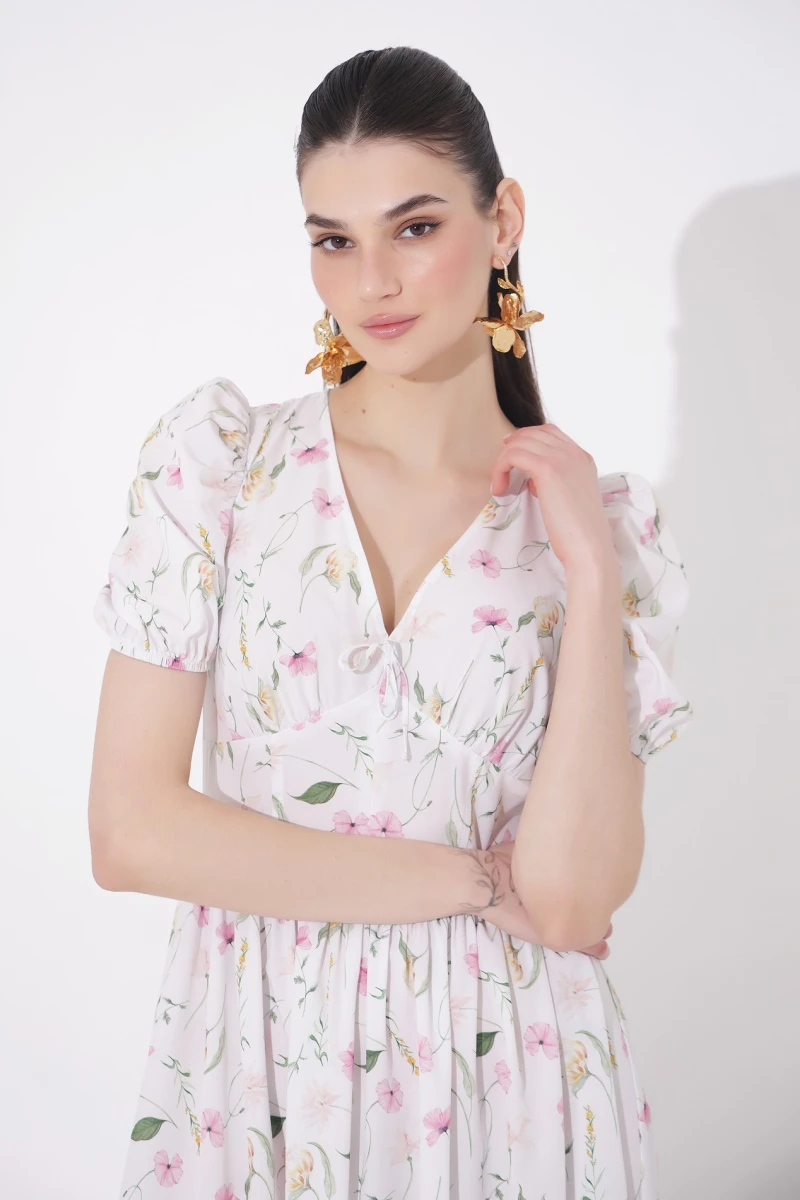 Midi dress with corset insert floral print on milky 