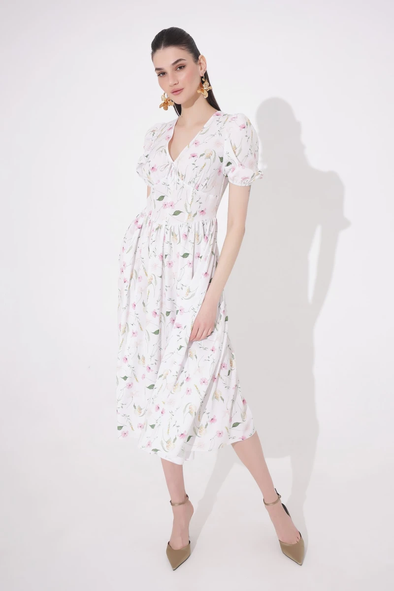 Midi dress with corset insert floral print on milky 