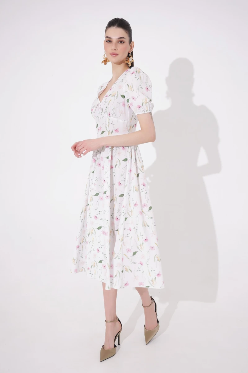 Midi dress with corset insert floral print on milky 