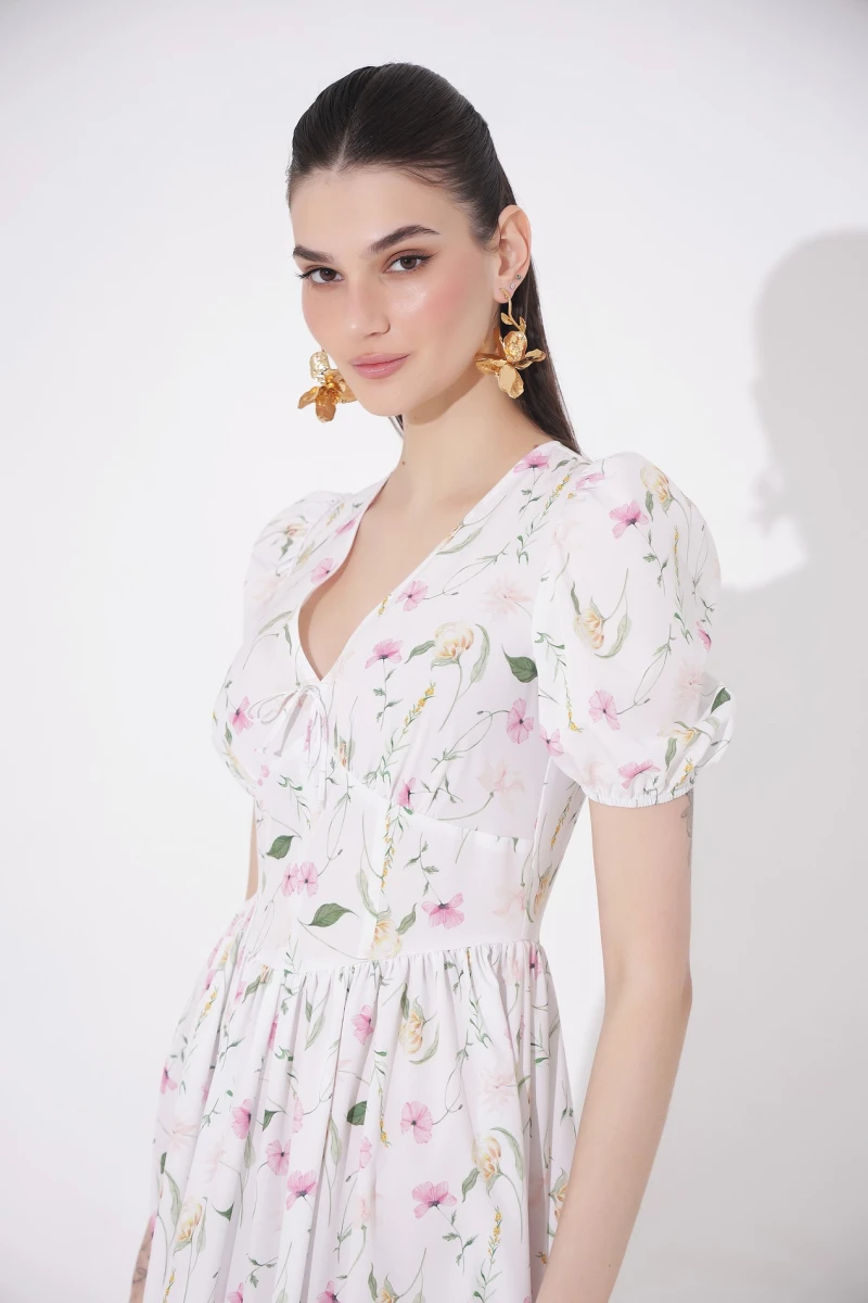 Midi dress with corset insert floral print on milky 