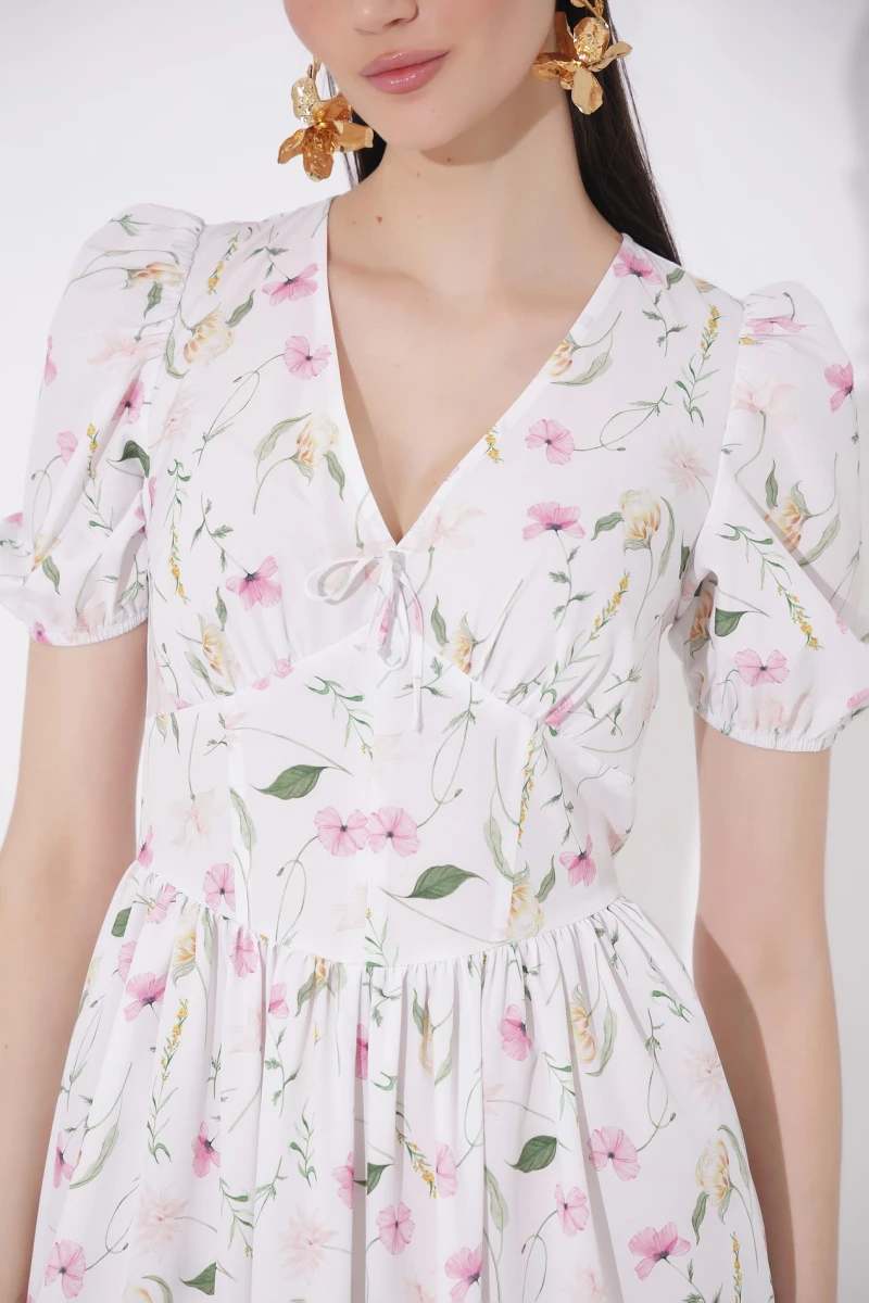 Midi dress with corset insert floral print on milky 