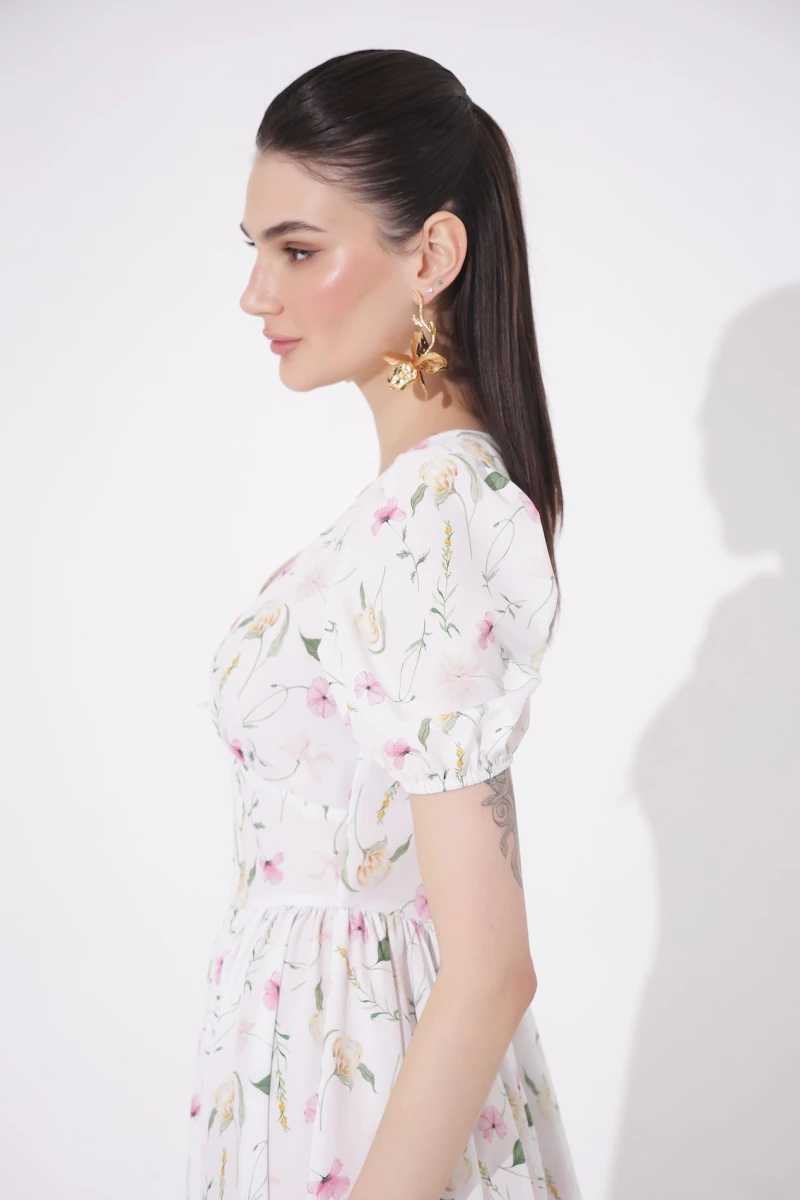 Midi dress with corset insert floral print on milky 