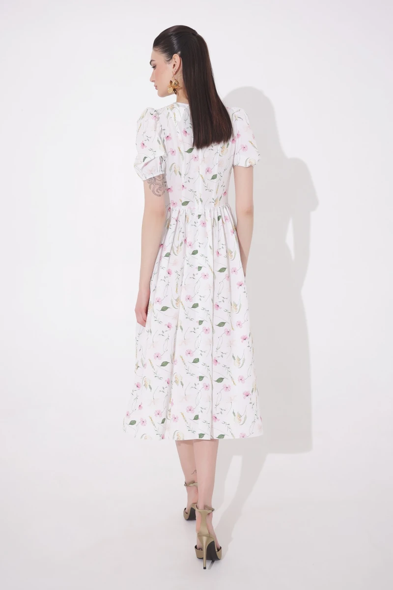 Midi dress with corset insert floral print on milky 