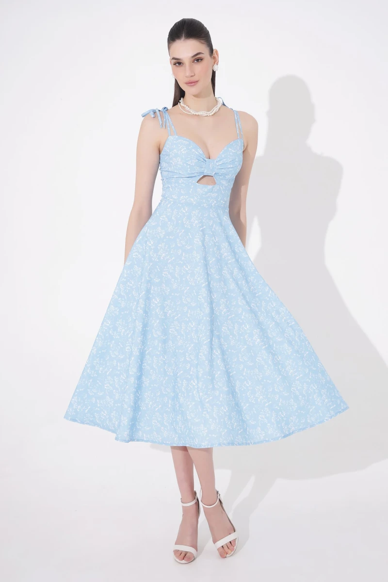 Midi sundress with white phlox print on blue background