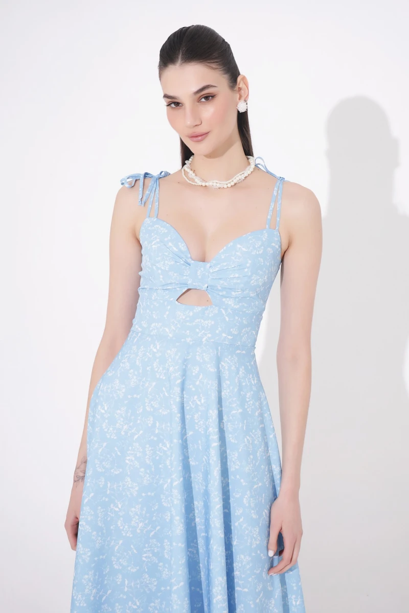 Midi sundress with white phlox print on blue background
