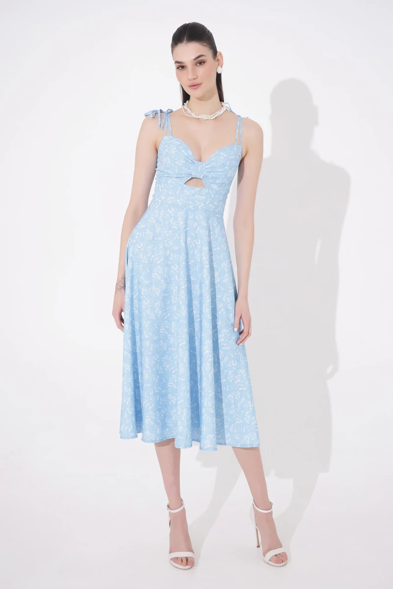 Midi sundress with white phlox print on blue background