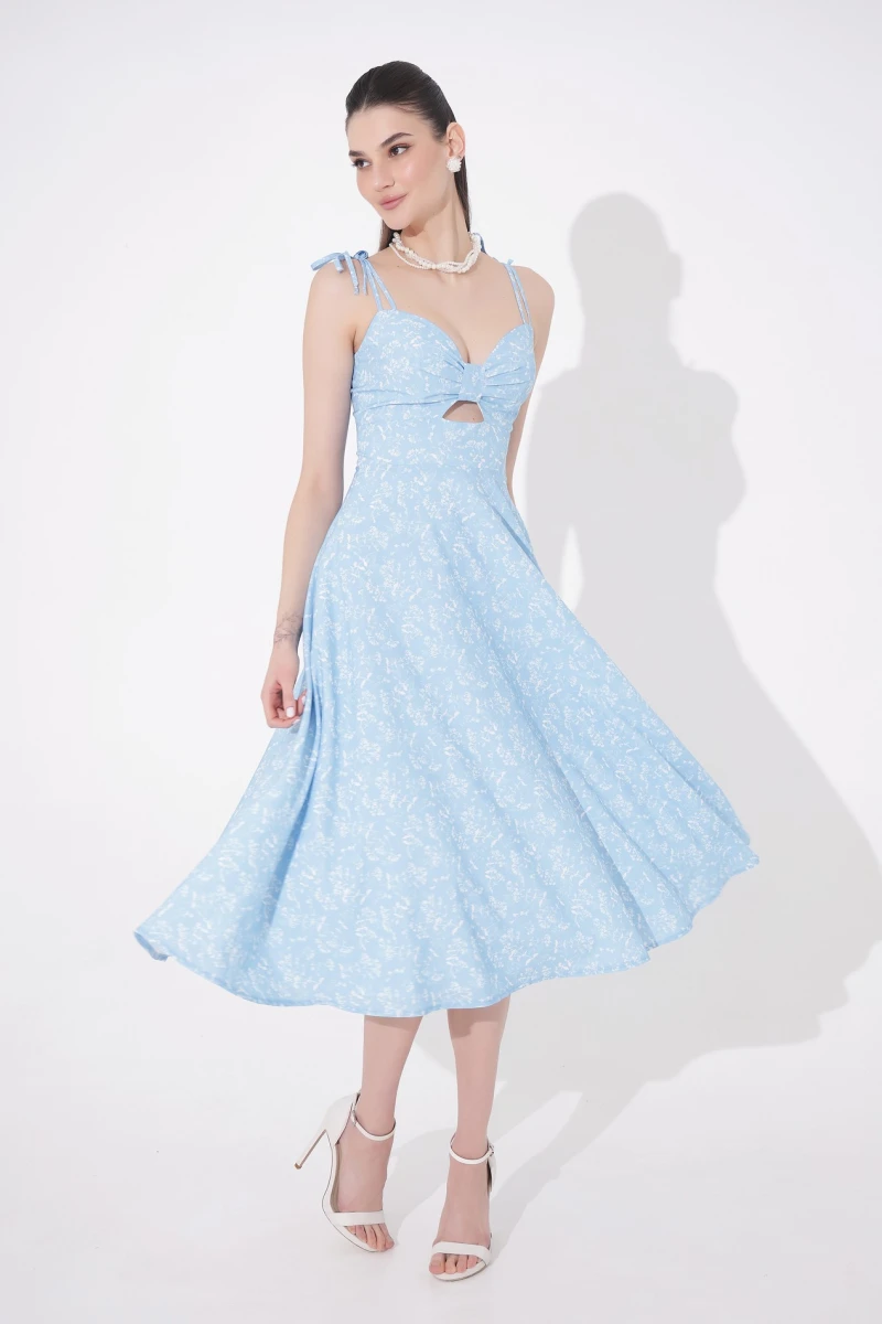 Midi sundress with white phlox print on blue background