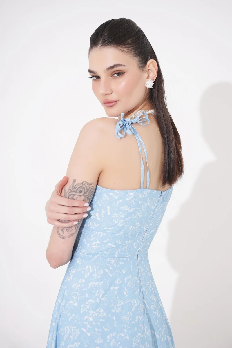 Midi sundress with white phlox print on blue background