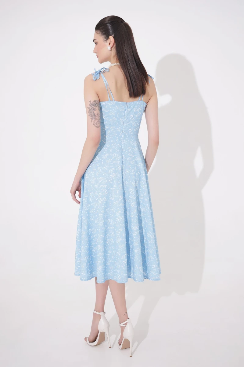 Midi sundress with white phlox print on blue background