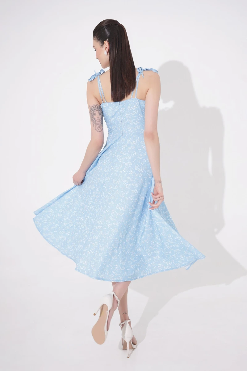 Midi sundress with white phlox print on blue background