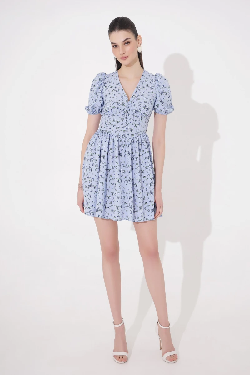 Mini dress with floral print on blue