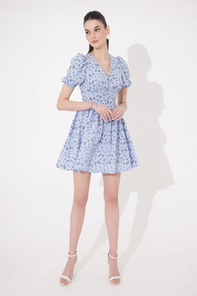 Mini dress with floral print on blue