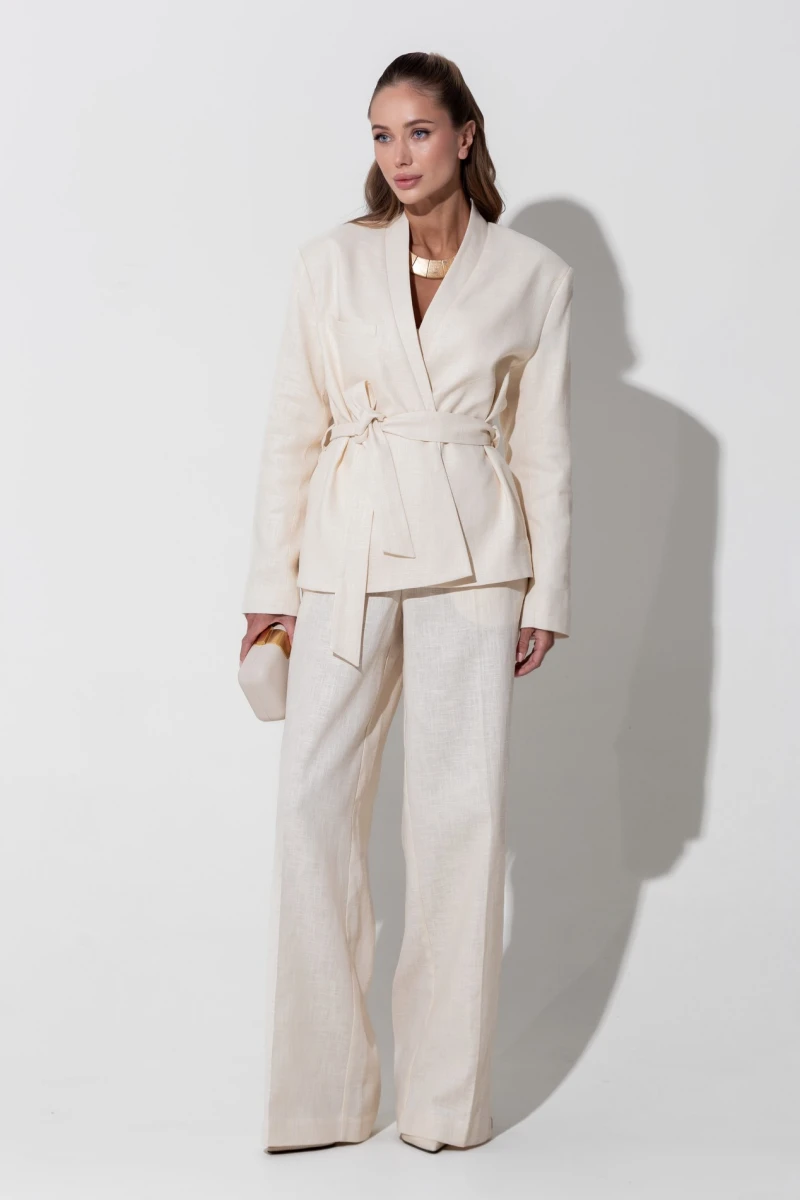 Beige linen straight trousers