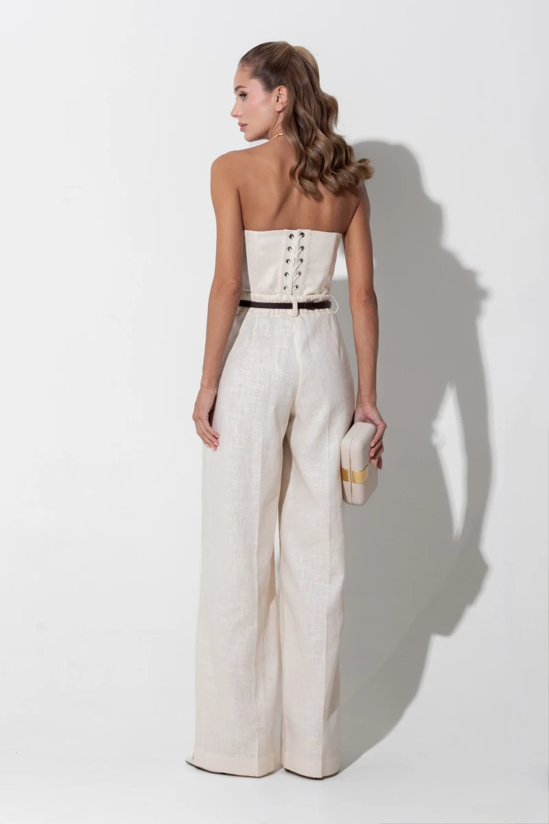 Beige linen straight trousers