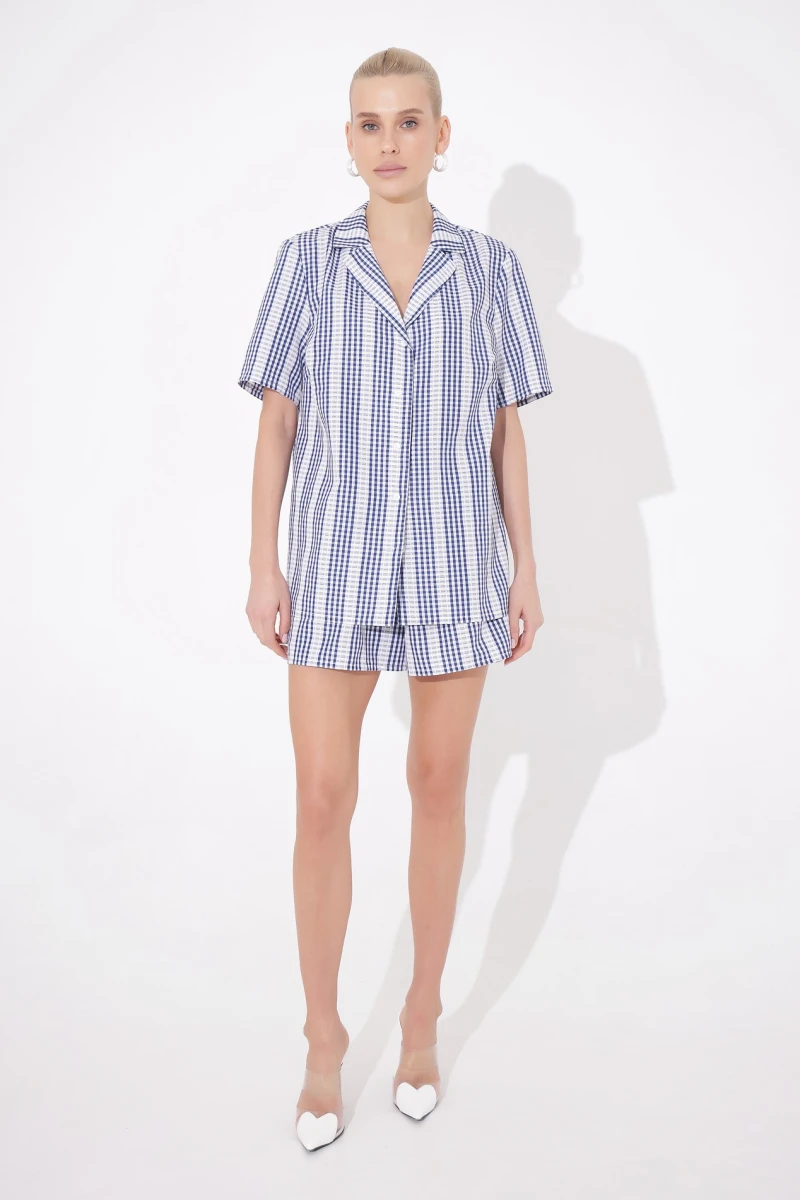 Set for home shirt and shorts suit cotton blue checkered