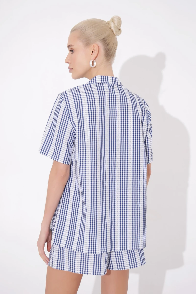 Set for home shirt and shorts suit cotton blue checkered
