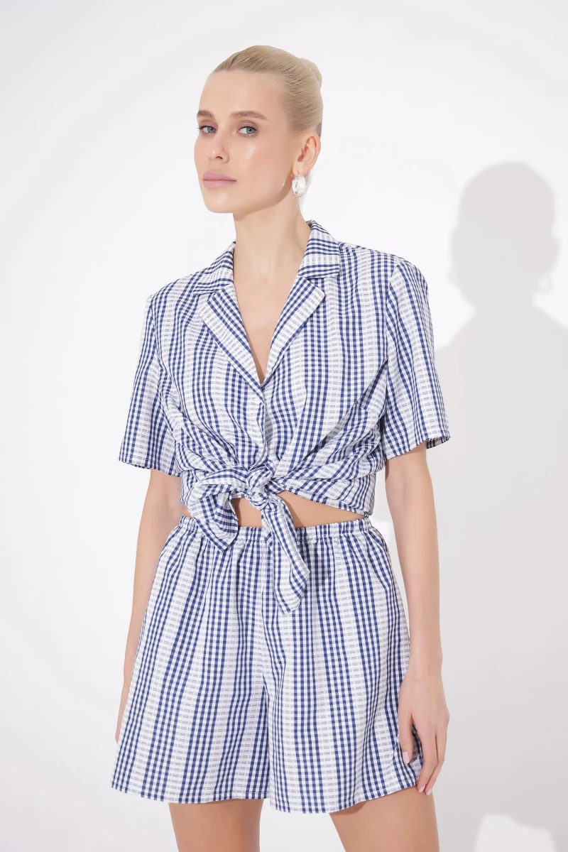 Set for home shirt and shorts suit cotton blue checkered