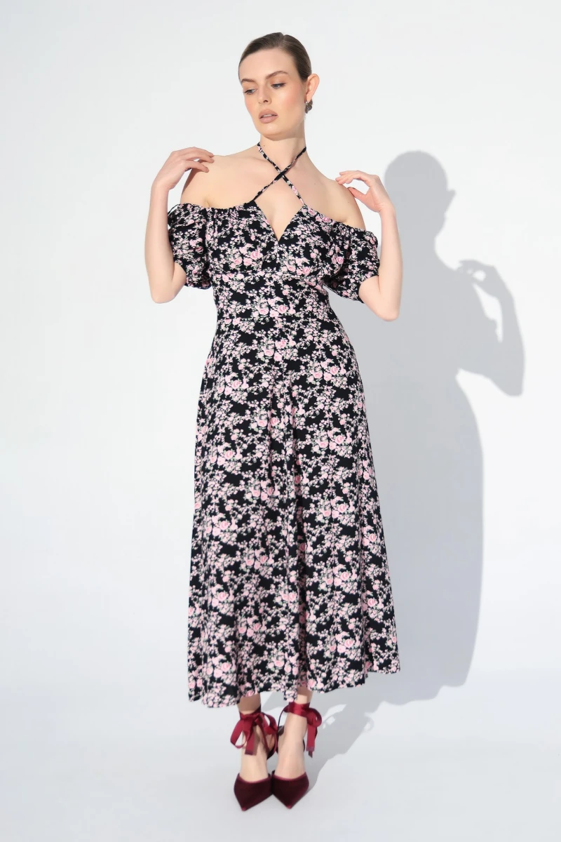 Dress with pink flowers print on black