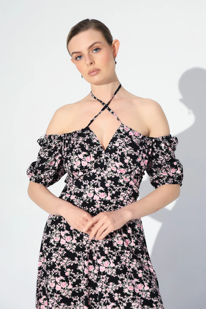 Dress with pink flowers print on black #2