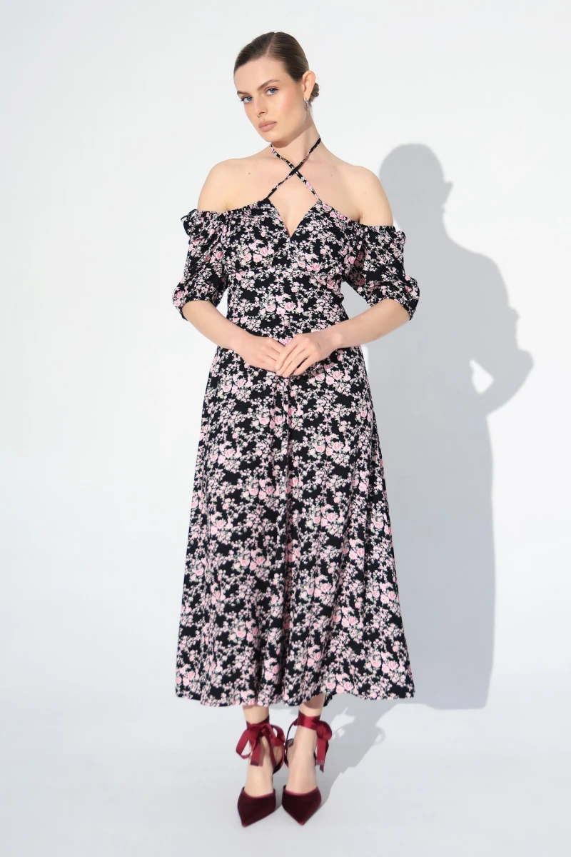 Dress with pink flowers print on black
