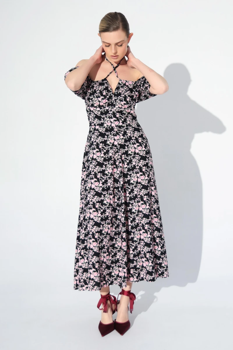 Dress with pink flowers print on black