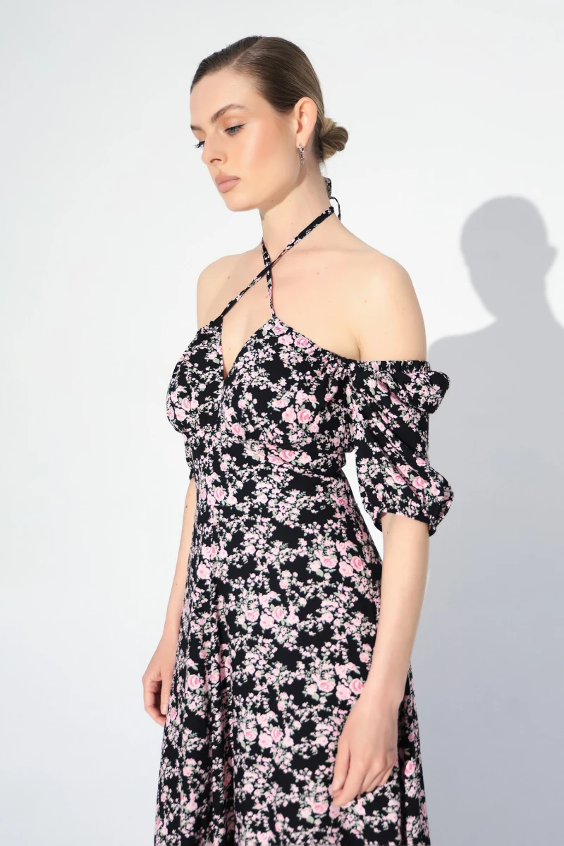 Dress with pink flowers print on black